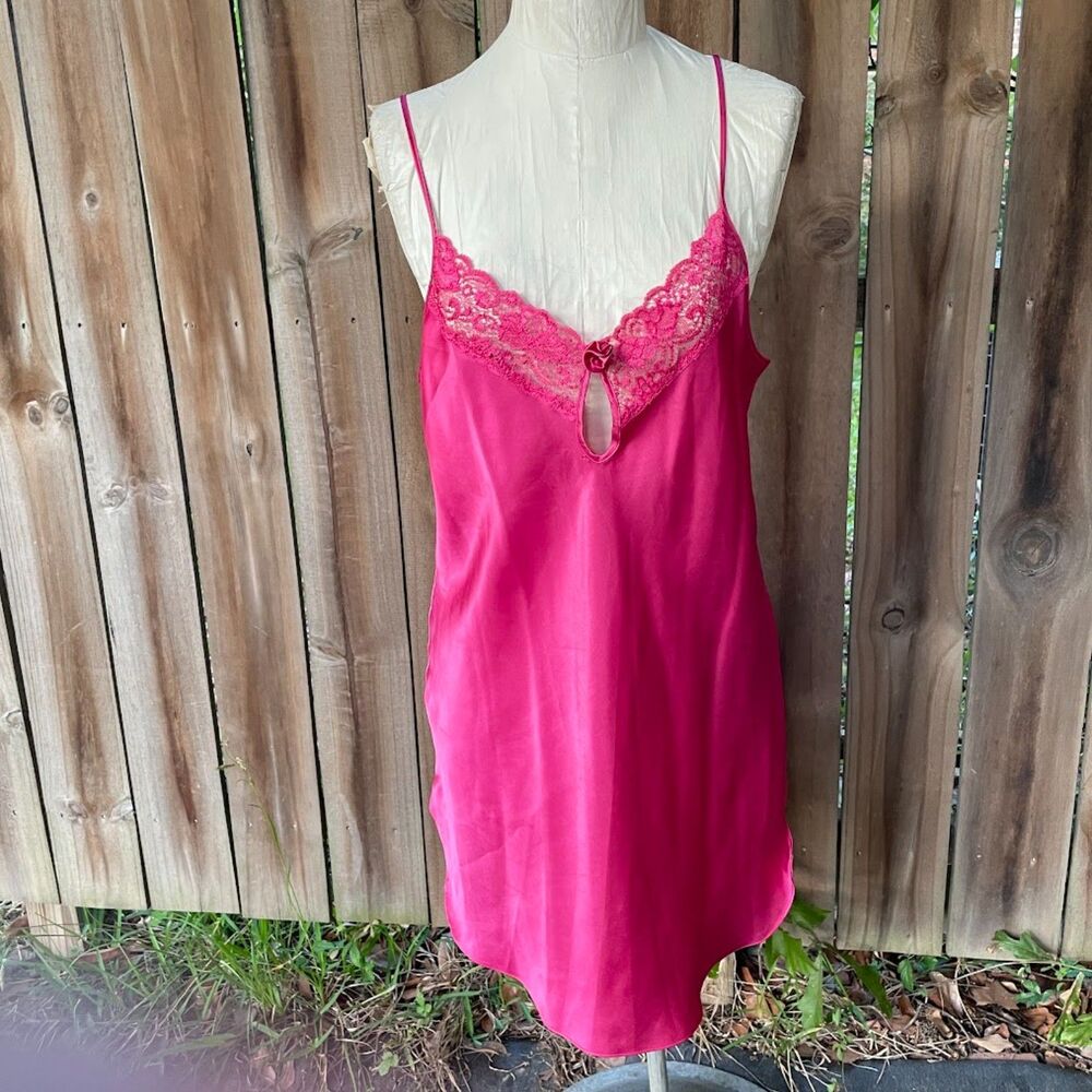 Vintage 80s SECRET TREASURES Rose Pink Satin Lace CHEMISE Slip Dress Gown L